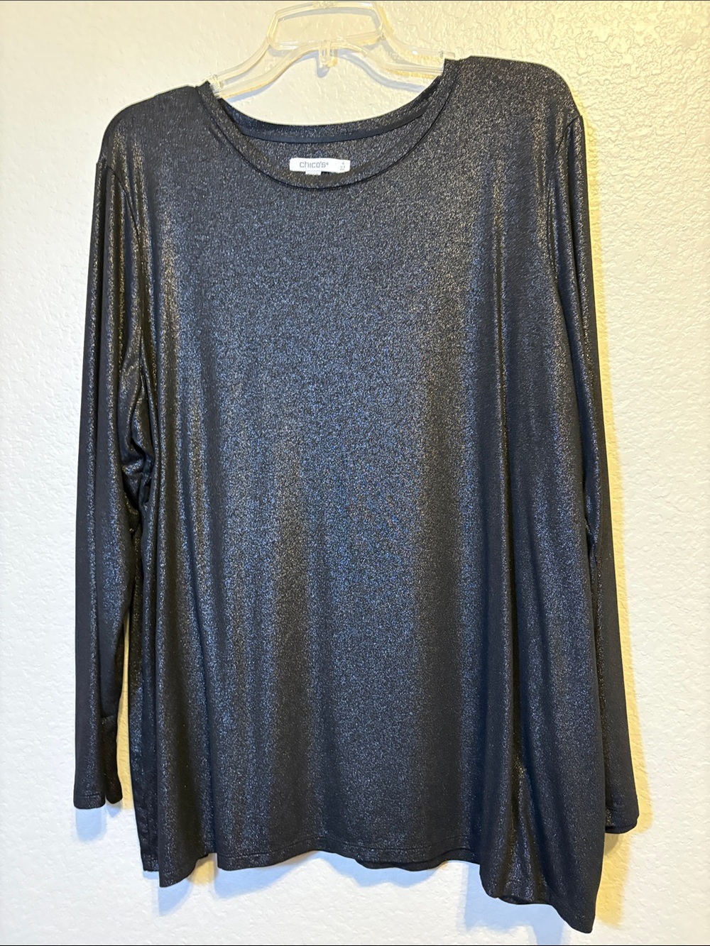 Chico's Metallic Black Long Sleeve Crewneck Top